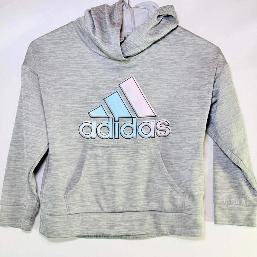 Adidas Girls‎ Size 6 Gray Heathered Pastel Logo Pullover Hoodie Sweatshirt